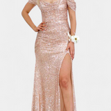 Vestido de Sirena con Hombros Descubiertos y Lentejuelas