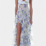 Vestido Maxi Bonnie con Volantes Florales y Cortes Laterales