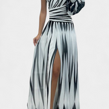 Vestido Maxi Elegante Bethania con Un Hombro y Rayas