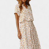 Vestido Midi Rovena con Lunares, Cuello Camisa y Cintura Ajustable