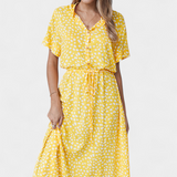 Vestido Midi Rovena con Lunares, Cuello Camisa y Cintura Ajustable