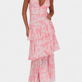 Vestido Domenica de Chiffon con Escote en V y Capas Fluidas