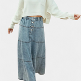 Falda Maxi de Denim Lorraine con Detalle de Plumas