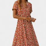 Vestido Midi Rovena con Lunares, Cuello Camisa y Cintura Ajustable