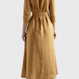 Vestido Midi Vintage Sharon en Algodón y Lino con Cuello Solapa