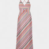 Vestido Largo Tricotado Multicolor de Francia con Escote Profundo y Espalda Cruzada