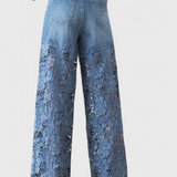 Pantalones Palazzo de Denim con Encaje Bordado Floral Jasiel
