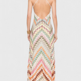 Vestido Largo Agustina de Encaje con Escote en V y Patrón de Zigzag