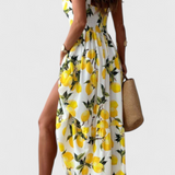 Vestido Maxi Huda con Estampado de Limón, Tirantes y Abertura Lateral