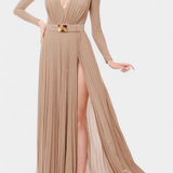 Vestido Largo Plisado Raisa con Escote en V Profundo
