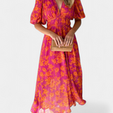 Vestido Midi Floral Wren con Escote en V y Mangas Abullonadas