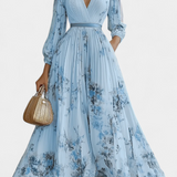 Vestido Maxi de Chifón Plisado Phaedra con Mangas de Globo