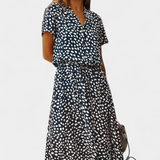 Vestido Midi Rovena con Lunares, Cuello Camisa y Cintura Ajustable