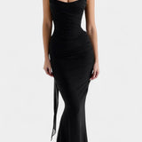 Vestido Maxi de Malla Blair con Corsé Fruncido