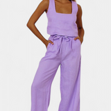 Conjunto de Lino Pascuala de Dos Piezas con Blusa Sin Mangas y Pantalones Fluidos