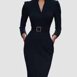 Vestido negro refinado Adriana con cinturón y cuello mandarín
