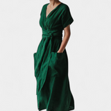 Vestido de Algodón Cressida con Escote en V y Cintura Ajustable