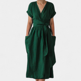 Vestido de Algodón Cressida con Escote en V y Cintura Ajustable