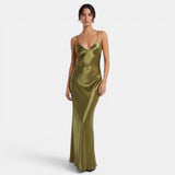 Vestido Lencero Satinado Verde Oliva