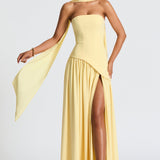 Vestido Maxi Sin Tirantes para Mujer con Abertura Alta y Cintura Asimétrica