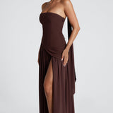 Vestido Maxi Sin Tirantes para Mujer con Abertura Alta y Cintura Asimétrica