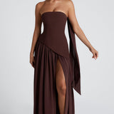 Vestido Maxi Sin Tirantes para Mujer con Abertura Alta y Cintura Asimétrica
