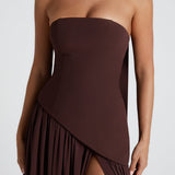 Vestido Maxi Sin Tirantes para Mujer con Abertura Alta y Cintura Asimétrica