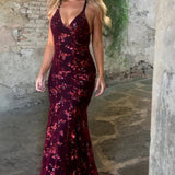 Nora – vestido de noche largo con bordado de lentejuelas, escote profundo en la espalda y tirantes de espagueti