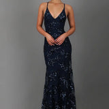 Nora – vestido de noche largo con bordado de lentejuelas, escote profundo en la espalda y tirantes de espagueti