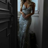 Nora – vestido de noche largo con bordado de lentejuelas, escote profundo en la espalda y tirantes de espagueti