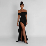 Vestido largo de mujer con hombros al descubierto y abertura