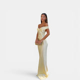 Vestido largo satinado amarillo hombros descubiertos noche