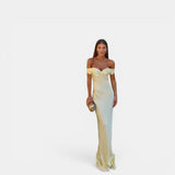 Vestido largo satinado amarillo hombros descubiertos noche