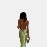 Vestido largo de noche para mujer con lentejuelas verdes y espalda desnuda