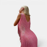 Vestido de noche corto de mujer con flecos brillantes y sin mangas