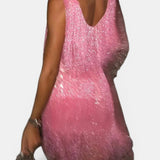 Vestido de noche corto de mujer con flecos brillantes y sin mangas