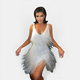 Vestido de noche corto de mujer con flecos brillantes y sin mangas