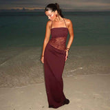 Sina – vestido maxi ajustado con tirantes de lazo y corsé de encaje transparente