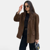 Chaqueta blazer mujer en ante marrón con bolsillos