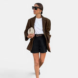 Chaqueta blazer mujer en ante marrón con bolsillos