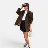 Chaqueta blazer mujer en ante marrón con bolsillos