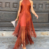 Encarna | Vestido de Fiesta Largo con Flecos Mujer Cuello Halter