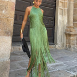 Encarna | Vestido de Fiesta Largo con Flecos Mujer Cuello Halter