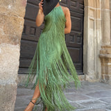 Encarna | Vestido de Fiesta Largo con Flecos Mujer Cuello Halter