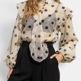 Blusas y Camisas de Cuello en V con Botones, Mangas Largas, Sueltas, con Volantes y Transparente, Estampado de Lunares