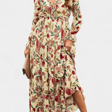 Vestido Maxi Floral Keti con Mangas Largas y Delicados Volantes